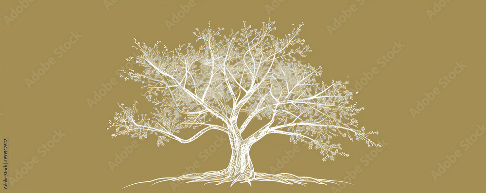 Poster a simple white line drawing on an olive background of a tree with spreading branches. the earthy col