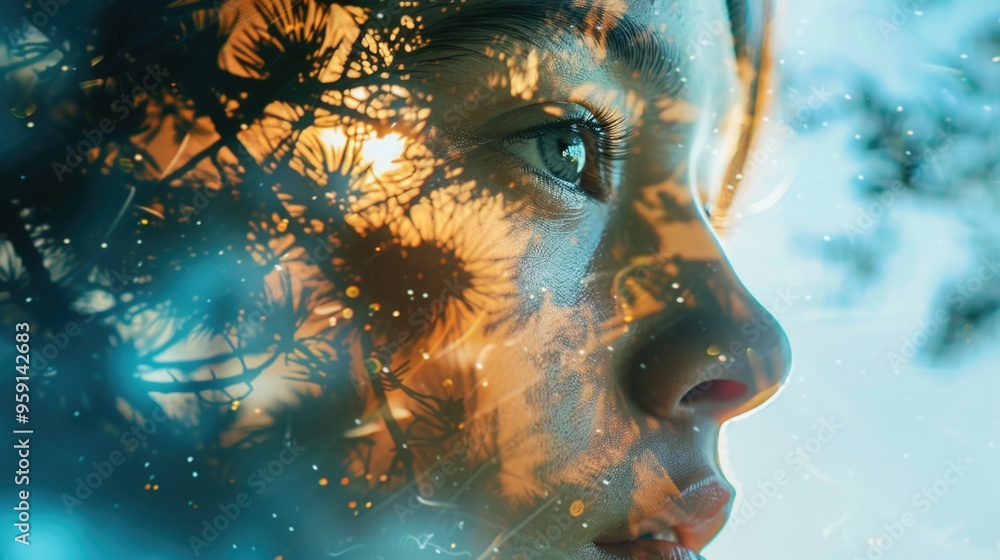 Poster Close-up shot of a person's face with trees visible in the background, suitable for various uses