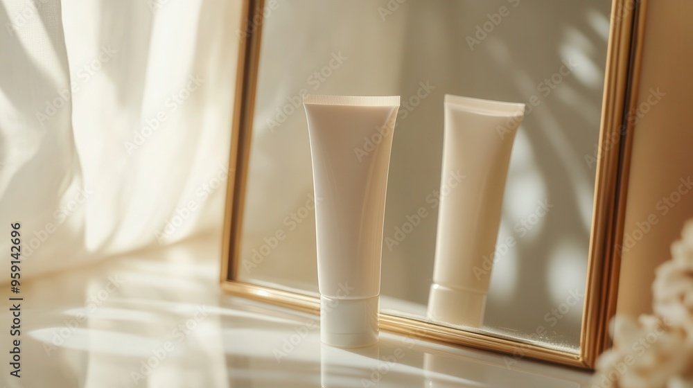 Poster A cream tube sits on a countertop while its reflection appears in a light-filled mirror, capturing a serene morning atmosphere. Generative AI