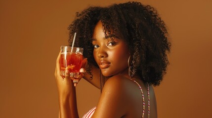 A woman holds a glass filled with a drink, ready to take a sip