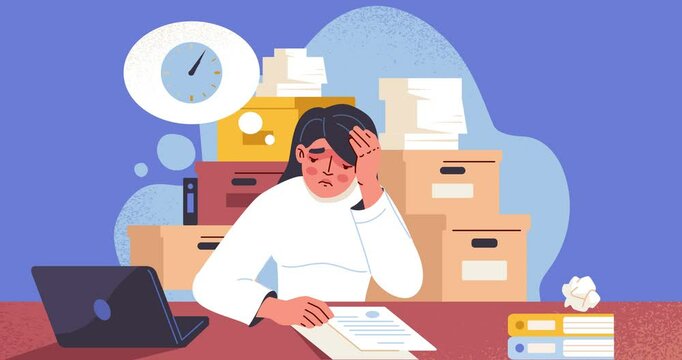 Emotional burnout at work. Moving banner with female entrepreneur overloaded with paperwork and projects. Tired office employee works at night and suffers from headache. Cartoon flat animated graphics