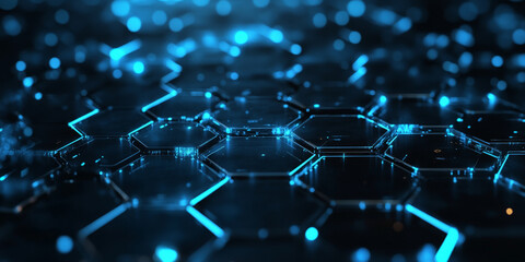 Obraz premium Futuristic web design backdrop with a black, glossy background and glowing, blue hexagonal patterns. The design is sleek and dynamic, perfect for tech-related content or cybersecurity themes.