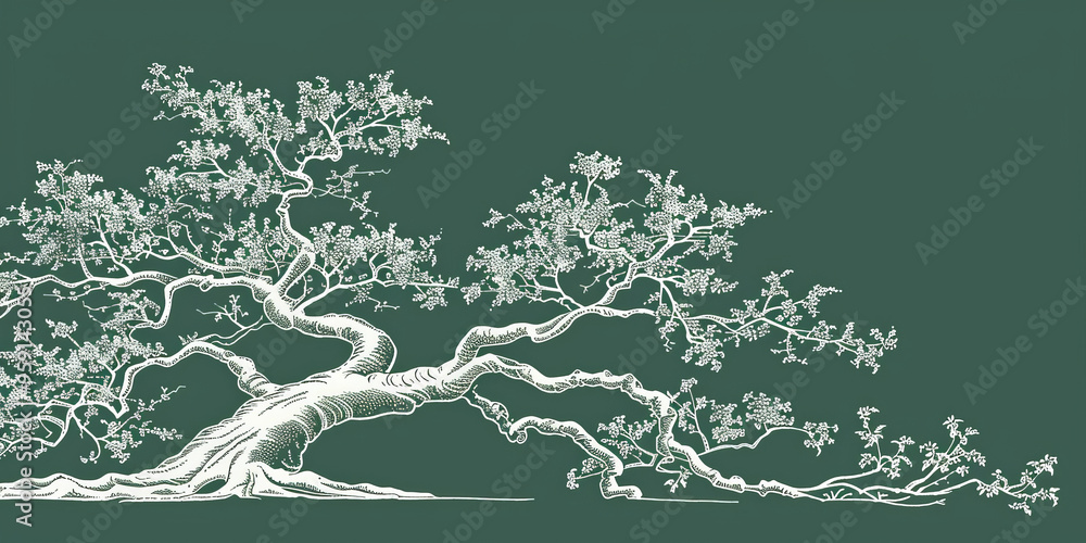 Poster a simple white line drawing on a jade background of a tree with sprawling branches. the deep color e