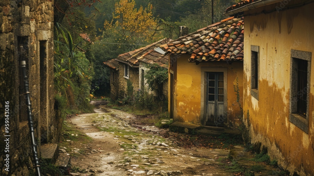 Poster a narrow alleyway with a stone path between two buildings, perfect for urban or architecture photogr