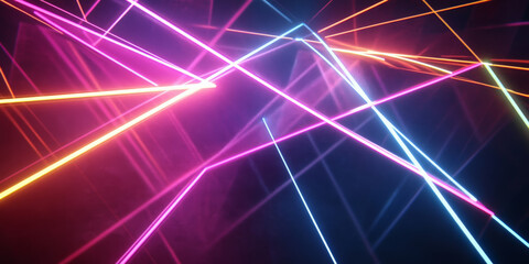 An abstract futuristic scene with intersecting laser beams in bright neon colors against a dark grey background. The beams create a sense of movement and high-tech energy.