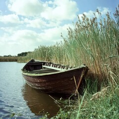 Obraz premium A serene wooden boat rests peacefully by a tranquil reed-lined riverbank