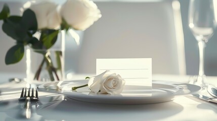A beautifully arranged table features a pristine white plate with a delicate white rose and a blank place card, all illuminated by gentle natural light, perfect for an elegant gathering