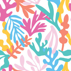 bright seaweed seamless pattern hand drawn vector in bright colourful colours. Hand drawn sketchy doodle. coral, kelp, reef, plant, marine, nautical, summer design for fashion, swimwear, nightwear