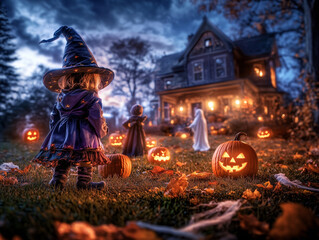 Children in Halloween Costumes in Front of a Spooky Decorated House