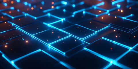 Obraz premium Sleek modern web design backdrop featuring a dark, matte background with glowing, neon blue lines forming an abstract grid. The design is futuristic and dynamic, ideal for tech-related content.