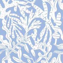 Seaweed seamless pattern hand drawn vector coral,  reef, kelp, plants, sea, marine botanical texture, girly artwork for fashion, swimwear, kids, teens, girls, stationary and paper. Fun and cute blue