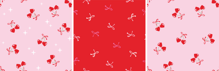 Red cherry with bows seamless pattern. heart shaped cherries with polka dots. Cute, pretty girly vector doodle illustration with sparkles. Valentines day, romance, romantic art for fashion