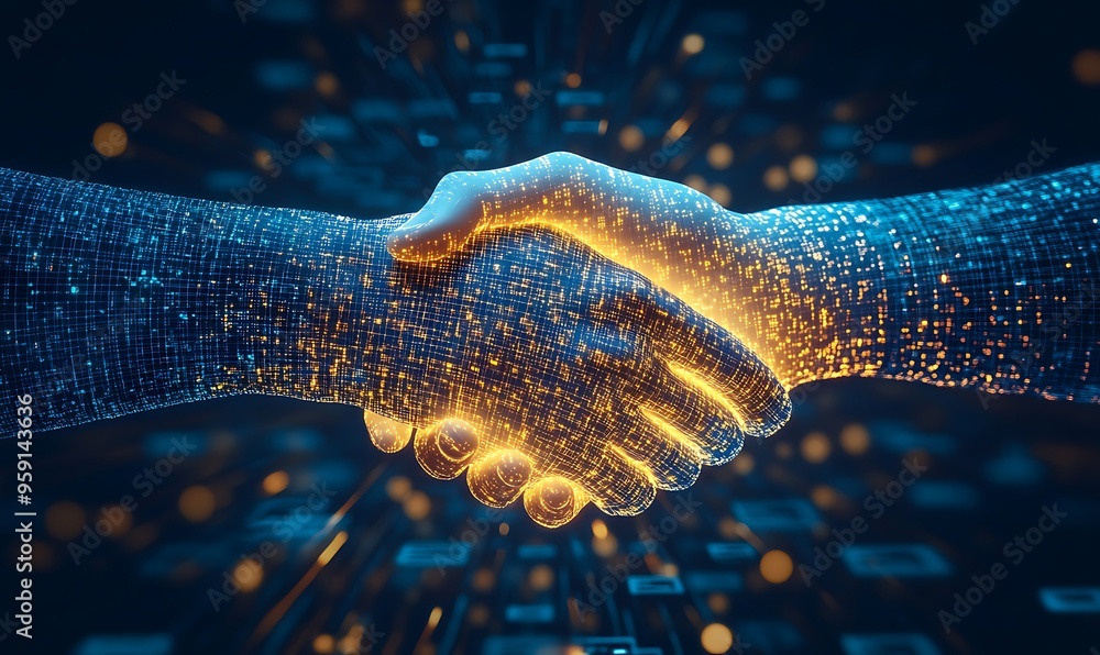 Poster digital handshake with glowing lines and dots