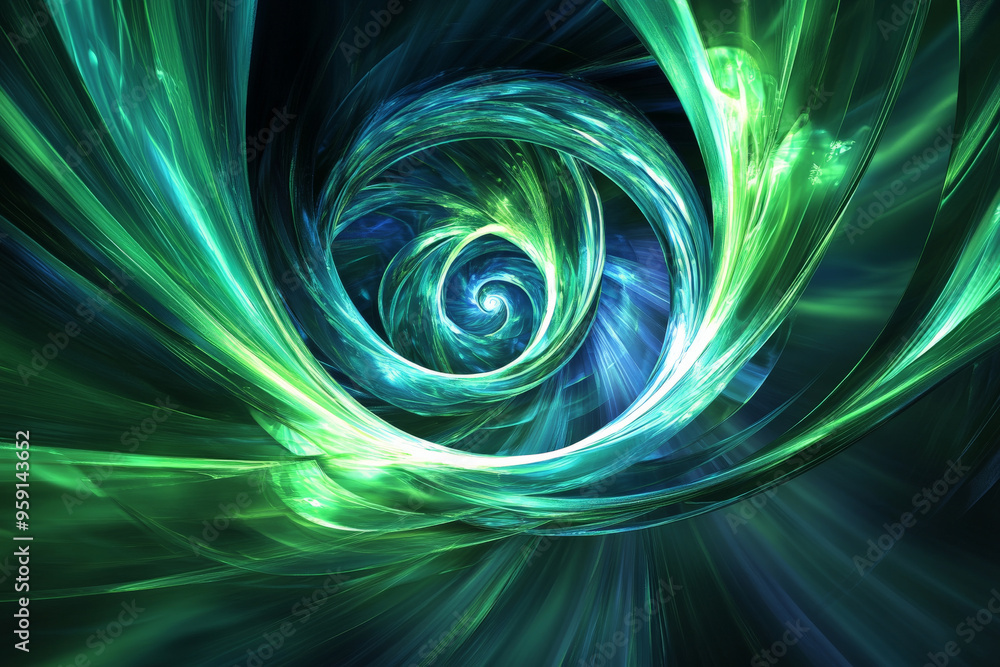 Poster an abstract background featuring vibrant green and blue energy light lines flowing in a spiral patte