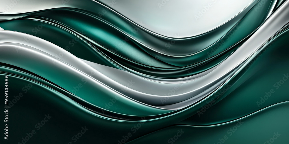 Poster a stylish abstract background with elegant curves and gradients in shades of emerald green and silve