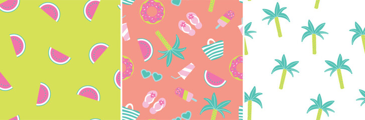 Colourful summer seamless pattern with tropical fruit, watermelon, ice lolly, flip flops, palm trees, inflatable donut ring. Hand drawn elements icons vector graphic. For fashion and swimwear, 
