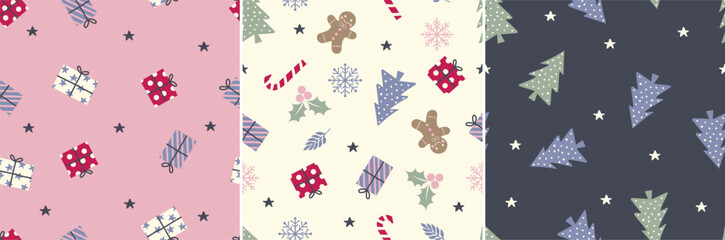Cute Christmas seamless pattern with gingerbread man, Christmas tree, holly, stars, snowflakes, candy cane, element, vector, background, paper, fashion, stationary, winter, doodle. Fun Vector icons 