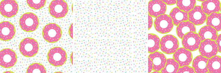 Cute seamless donut pattern with sprinkles. Bright fun colourful illustration. Doodle style vector hand drawn. Pink, cute, girly, sweet art. For girls, teens, fashion, nightwear, paper, and stationary