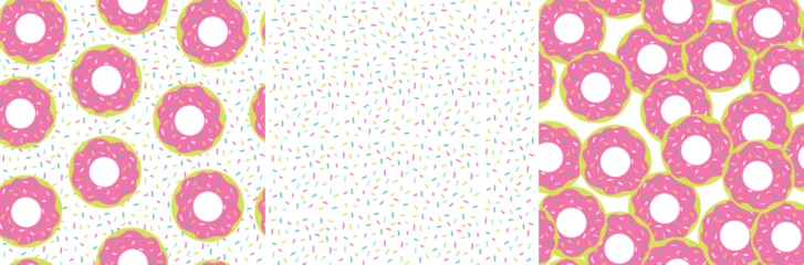 Cute seamless donut pattern with sprinkles. Bright fun colourful illustration. Doodle style vector hand drawn. Pink, cute, girly, sweet art. For girls, teens, fashion, nightwear, paper, and stationary