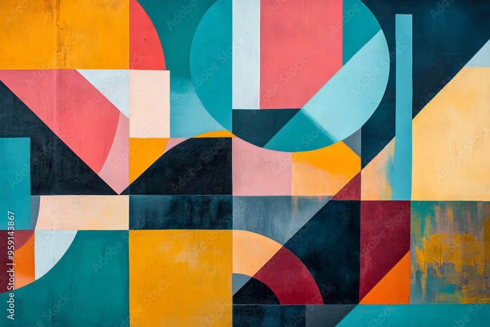 Aufkleber a modern trendy abstract design with bold geometric shapes in vibrant colors like teal, coral, and m