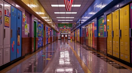 A school hallway with student lockers and colorful banners.