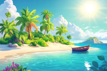 Naklejka premium A colorful cartoon landscape featuring a tropical island with lush palm trees, sandy beaches, and crystal-clear waters. A small boat is anchored near the shore, and the sun shines brightly in a