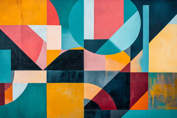 Obraz premium A modern trendy abstract design with bold geometric shapes in vibrant colors like teal, coral, and mustard. The composition is dynamic with overlapping elements and sharp angles, creating a sense of