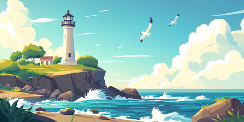 A peaceful cartoon seaside landscape with gentle waves, a lighthouse standing tall on a cliff, and seagulls flying overhead. The scene is tranquil and inviting, with a soft, pastel color palette and a