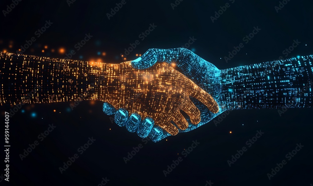 Poster digital handshake with glowing lines and dots