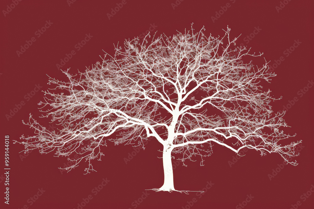 Poster a simple white line drawing on a deep maroon background of a tree with bare branches. the bold color