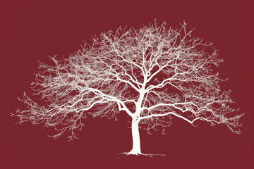A simple white line drawing on a deep maroon background of a tree with bare branches. The bold color emphasizes the stark beauty of the tree.