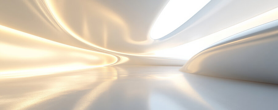 A modern 3D light white background with smooth, reflective surfaces and ambient lighting. The design features a clean, futuristic aesthetic with a gentle shine.