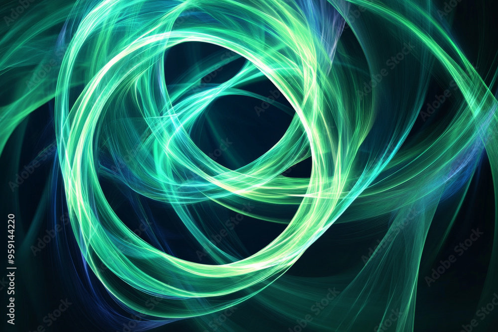 Poster an abstract background featuring vibrant green and blue energy light lines flowing in a spiral patte