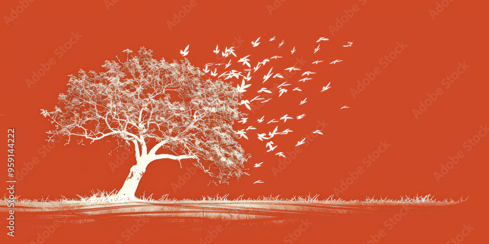Poster a simple white line drawing on a red background of a tree with spreading branches and leaves. the co