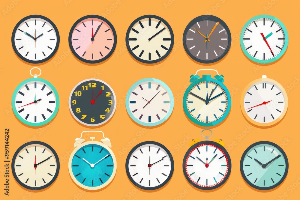 Poster various clocks with different designs and styles against a bright yellow background