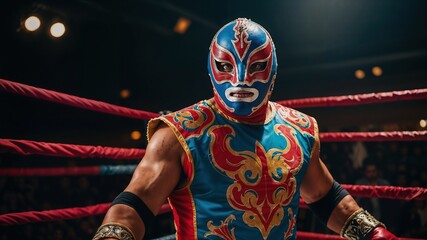 Mexican wrestler of approximately , masked, on the ring in defiant attitude before his confrontation. Wrestling concept