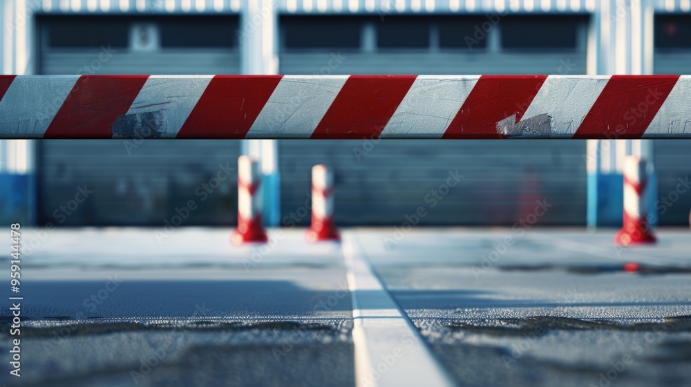 Poster A red and white striped barrier blocking access to the entrance of a building
