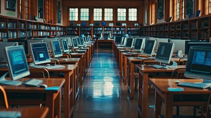 A school library with rows of computers on desks for student use.