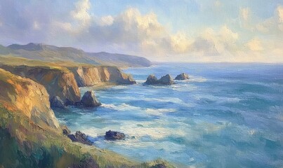 Oil painting depicting a coastal landscape with serene waters and rugged cliffs of a Pacific coastline