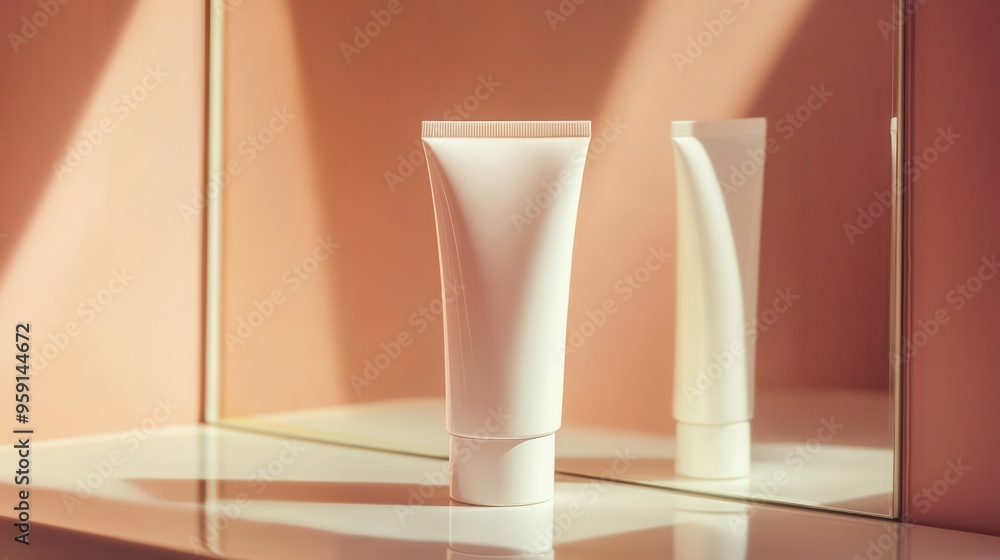 Leinwandbilder a tube of cream stands upright on a shelf, casting a gentle reflection in the mirror beside it, all 