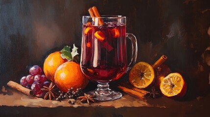 Oil painting of mulled wine featuring spices and fruits against a dark background showcasing the rich colors and textures of the beverage