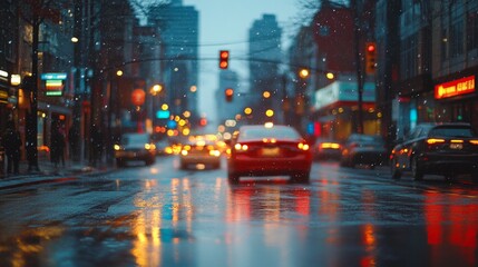 Obraz premium Cityscape Evening Traffic on a Wet Street