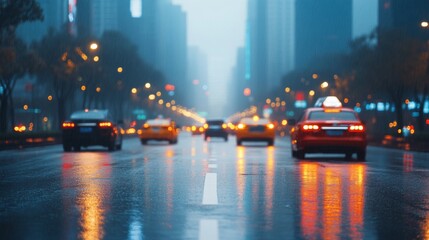 Obraz premium A Rainy Evening on a Bustling City Street: city