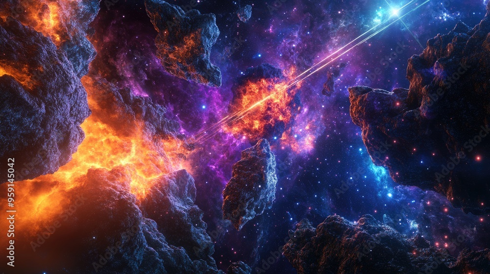 Poster abstract cosmic backdrop featuring a blazing comet luminous flashes and laser beams piercing through