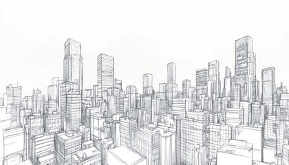 Line art illustration of a pencil sketch featuring an urban skyline design