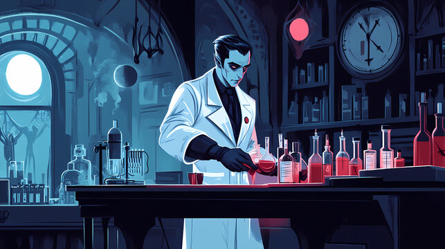 A vampire running a blood bank a professional vampire in a lab coat managing donations in a gothic themed clinic. Gothic. Illustration