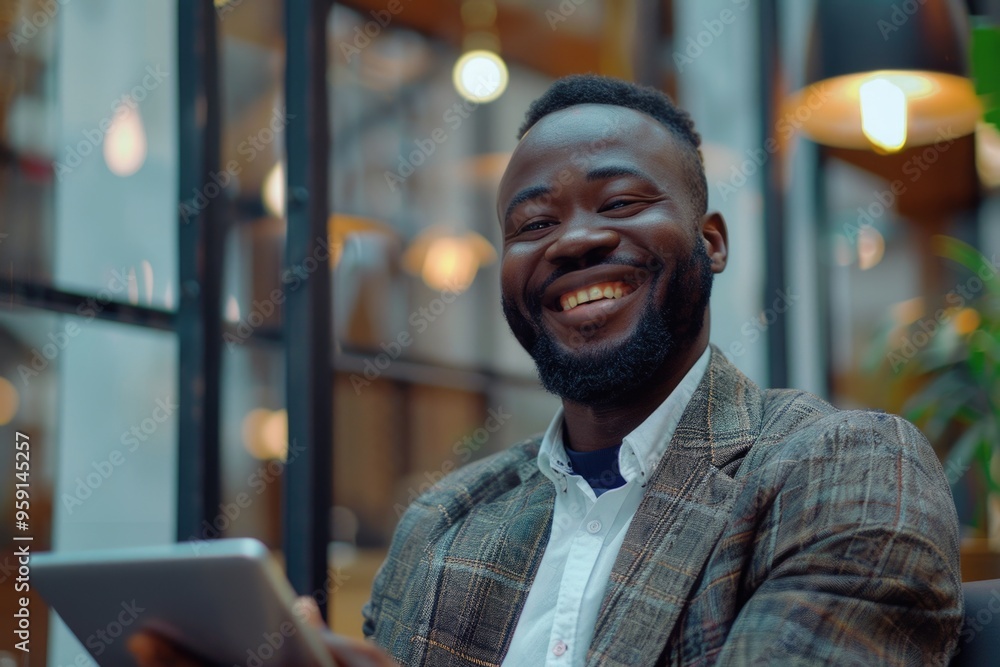 Poster A person smiling and using a tablet computer