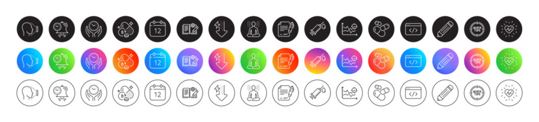 Energy drops, Heartbeat and Tips line icons. Round icon gradient buttons. Pack of Seo script, Capsule pill, Folate vitamin icon. Face id, Medical syringe, Time management pictogram. Vector