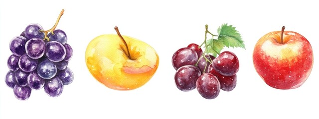 Vibrant Watercolor Fruits: A Beautiful Still Life of Grapes and Apples