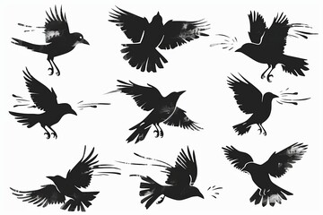 Bird icon set, black and white silhouettes, sparrow symbols, bird sign collection, graffiti spray